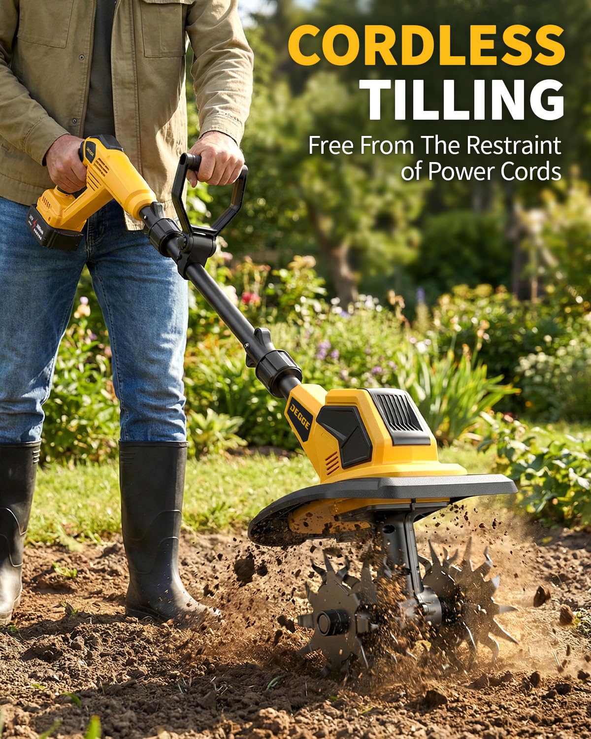 DEGGE 21V Cordless Tiller Cultivator, Electric Tiller for Gardening & Lawn