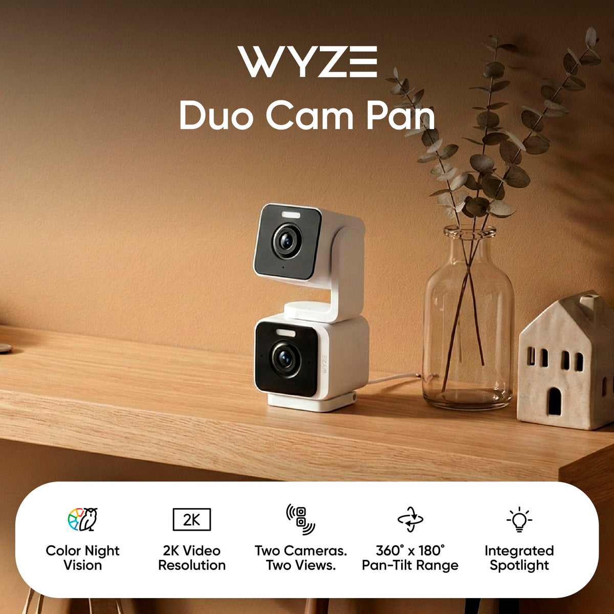 WYZE Duo Cam Pan 2K Dual Cam Indoor/Outdoor Security Camera, 2-Pack