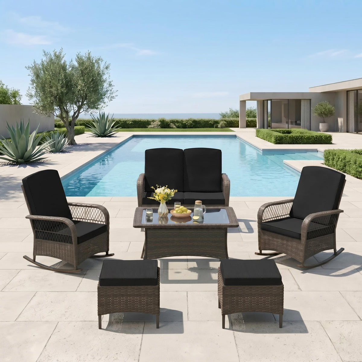 3 pcs Rocking Bistro Set Conversation Chairs PE Wicker Outdoor Rocking Chairs & Glass Table,for Porch Lawn Garden Backyard Deck(Rocking Set,Khaki)