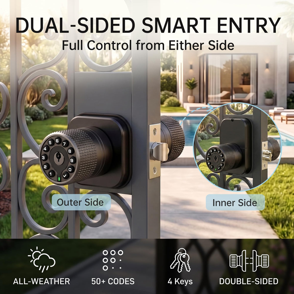 IU62 Dual-Sided Keyless Keypad Door Knob with Mechanical Key & USB-C Power Backup,Adjustable Latch, All-Weather for Outdoor/Indoor/Patio/Fence, Non-Networked Security Lock (Matte Black)