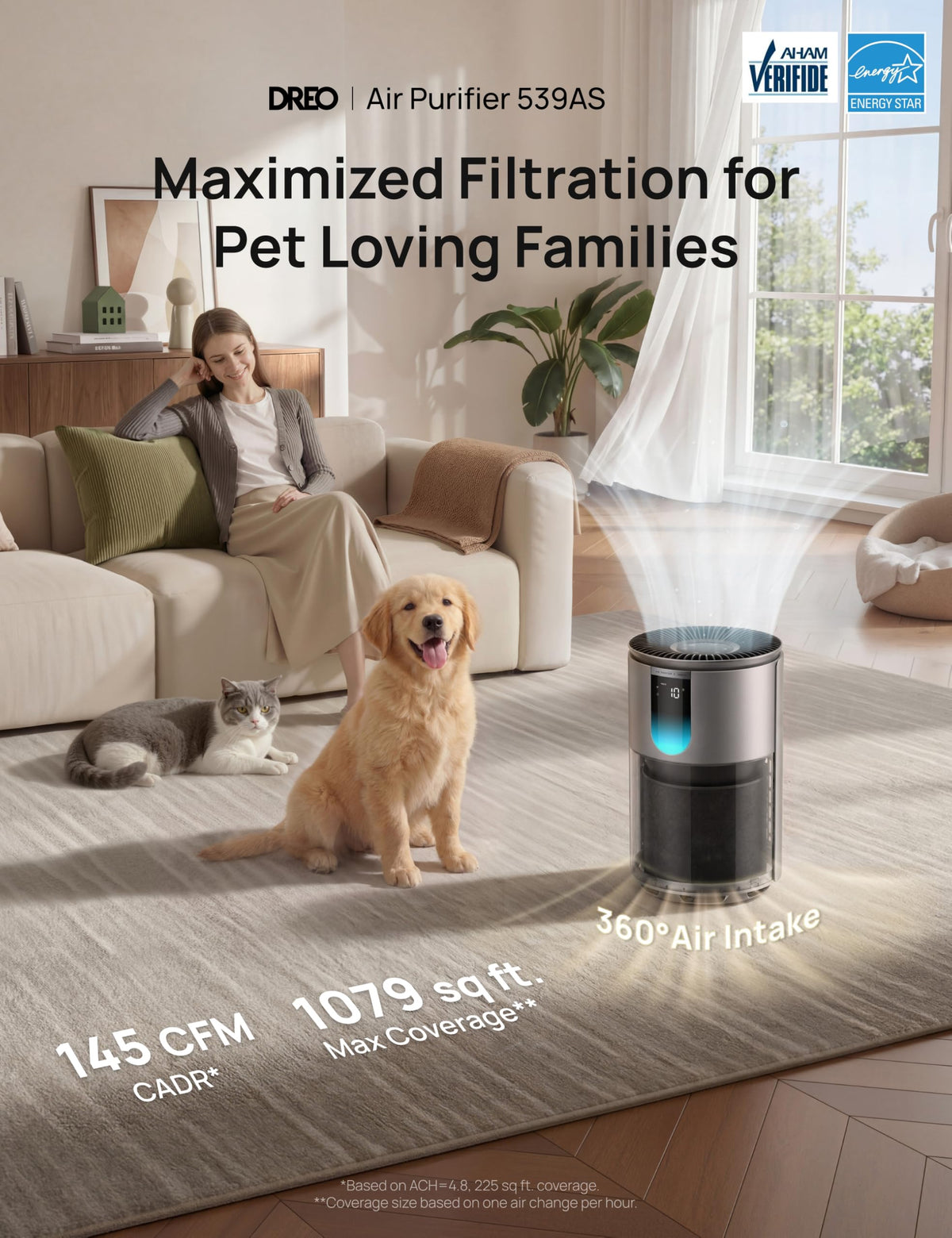 DREO Smart Pet Air Purifier for Home, Bedrooms Air Cleaner with Wi-Fi/Voice/Alexa, Auto/Turbo/HEPA Sleep Mode for Smoke, Dust, Pollen, Odor, PM2.5 Quality Monitor, 4 Speeds, DR-HAP009AS (DREO 539AS)