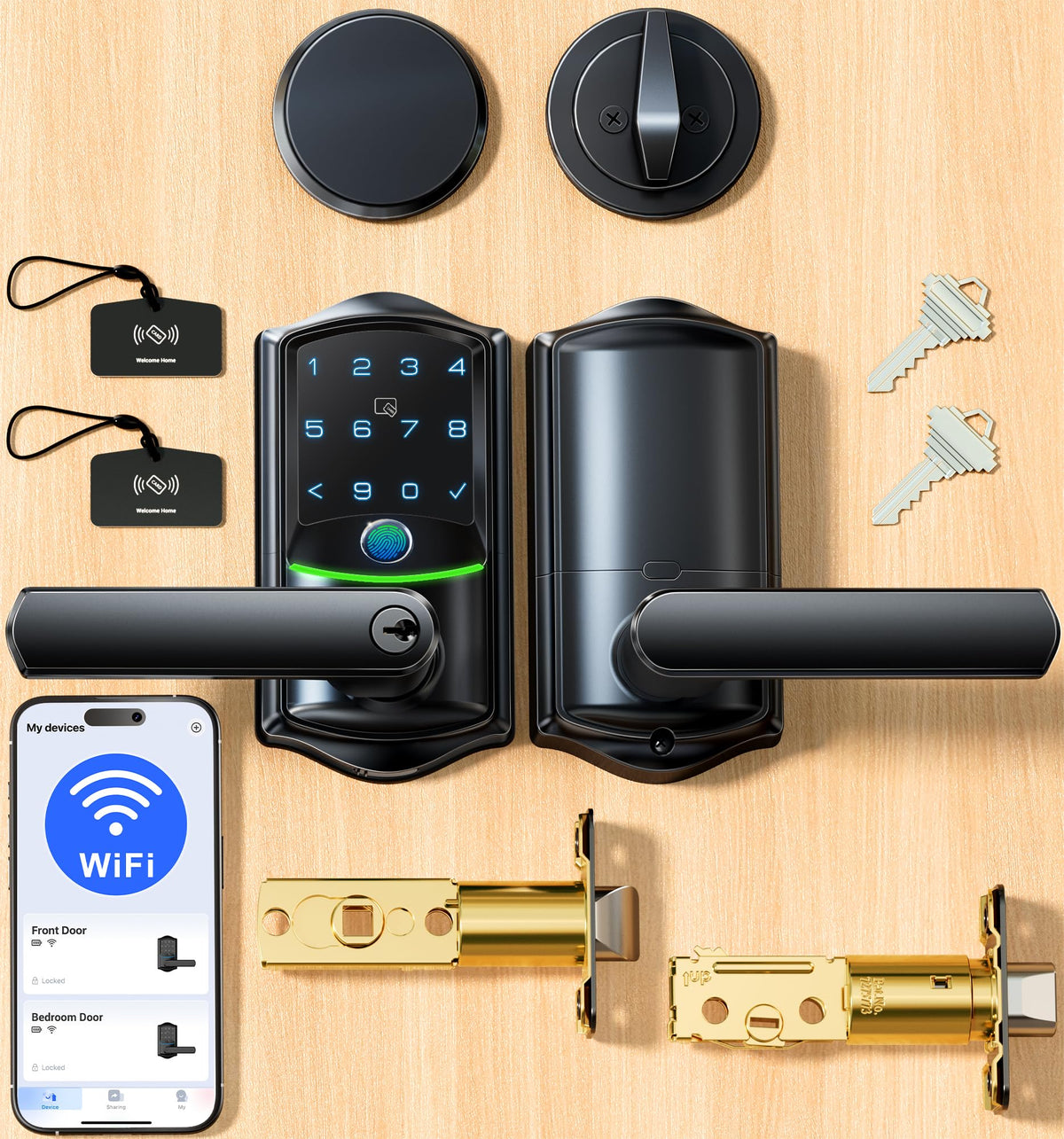 Veise VE029-E WiFi Smart Lever Lock with Non-Keyed Deadbolt, Satin Nickel