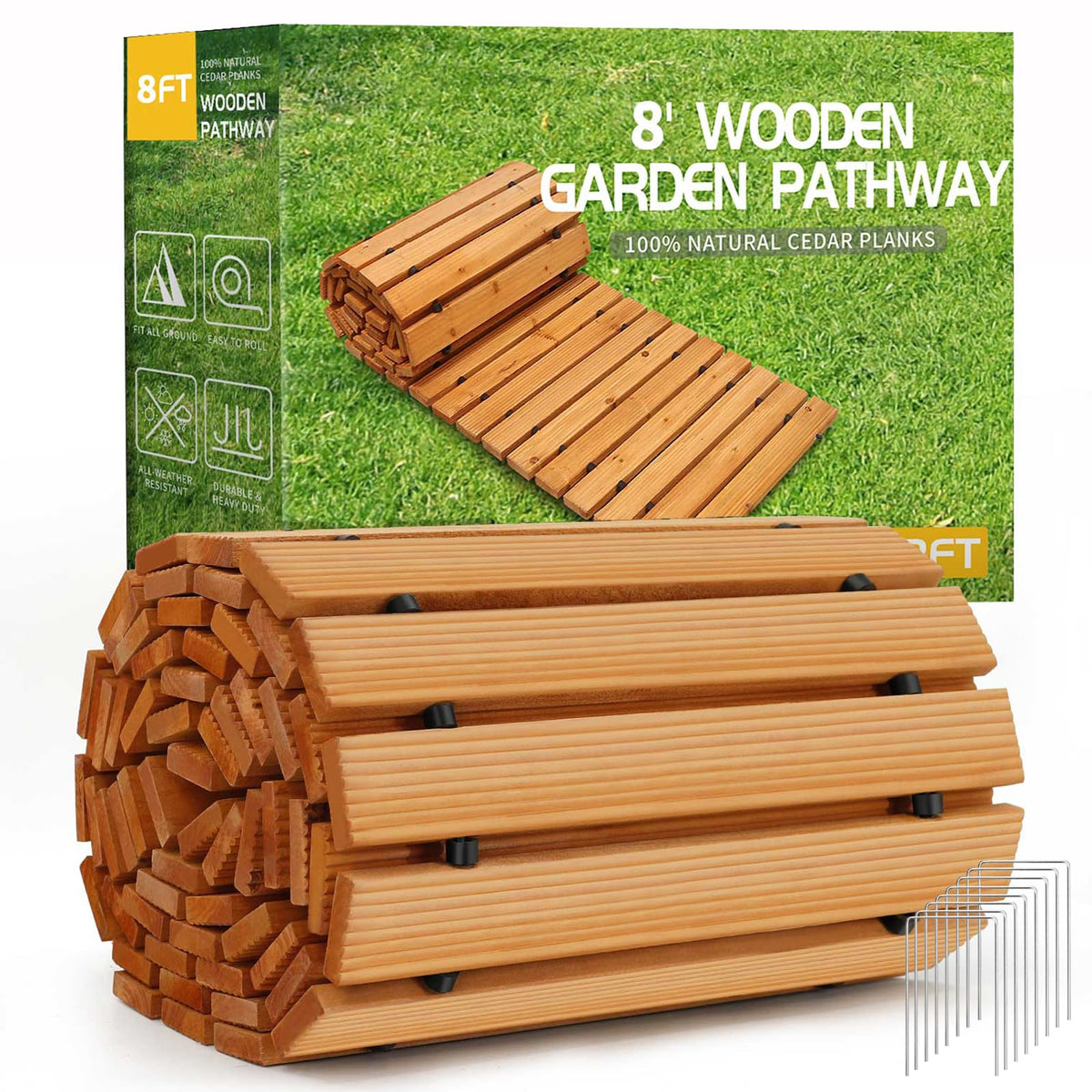 24' Wooden Garden Pathway,Outdoor Roll Out Walkway,Patio Footpath
