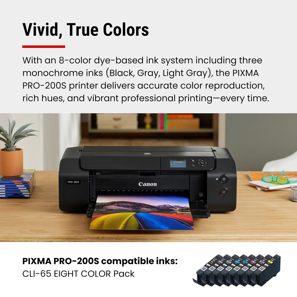 Canon PIXMA PRO-200S Professional 13" Wireless Inkjet Photo Printer, 3" Color LCD, 8-Color Dye Ink, Black
