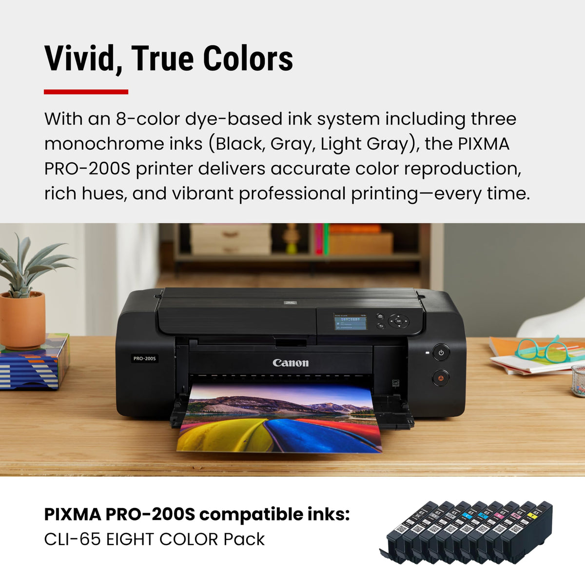 Canon PIXMA PRO-200S Professional 13" Wireless Inkjet Photo Printer, 3" Color LCD, 8-Color Dye Ink, Black