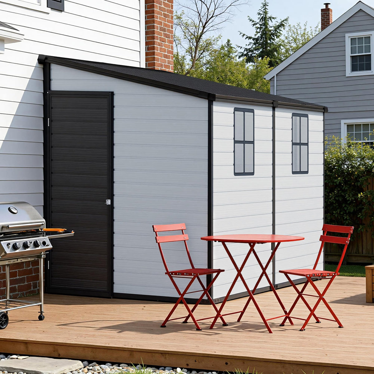 Jocisland 8 x 6 x 6 FT Resin Lean to Storage Shed with Floor, Slanted Roof, Lockable Door, 2 Windows, Outdoor Storage Shed for Backyard, Patio, Garden and Lawn