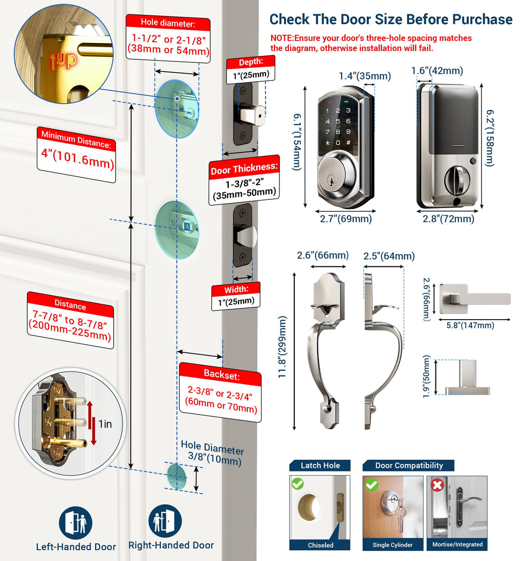 Veise VE06-H Smart Front Door Lock Handle Set, App Control, Satin Nickel
