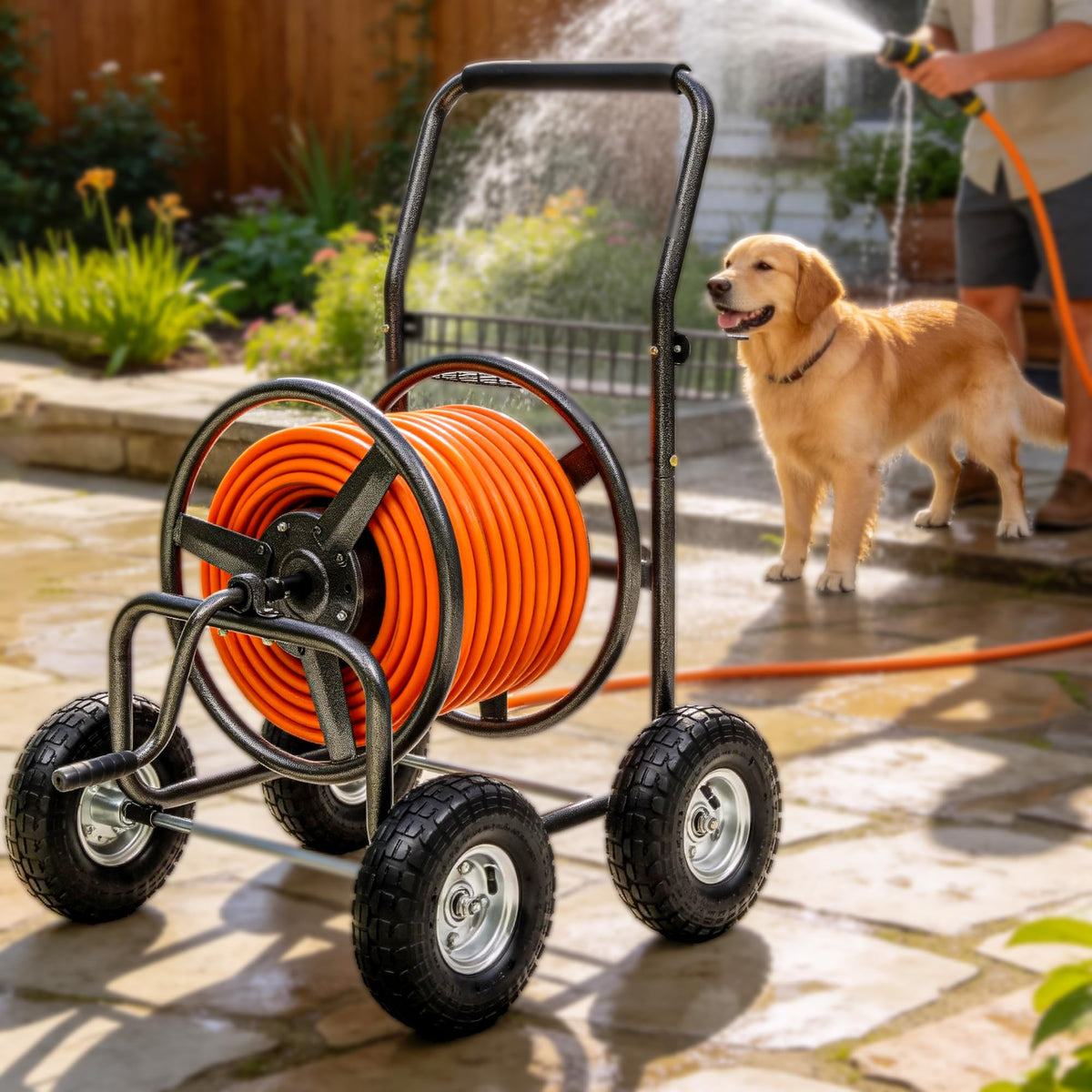 250ft Heavy Duty Hose Reel Cart with 4 Wheels, 5/8" Hose Capacity