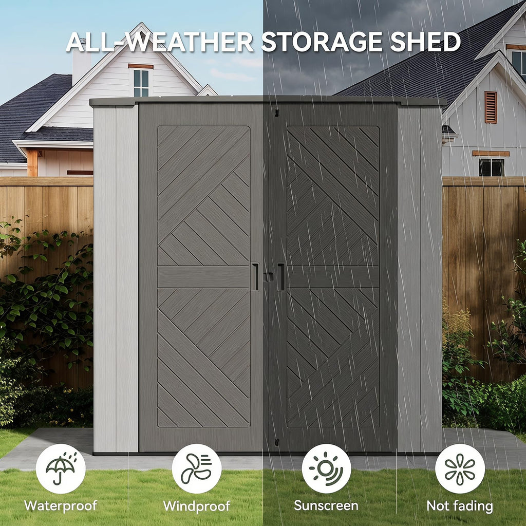 KINYING 6x4 FT Vertical Outdoor Storage Shed,Resin Clearance Outdoor Sheds with Floor,Garden Tool Shed for Lawn Mower/Bike Storage/Trash Cans/Pool Supplies,Lockable