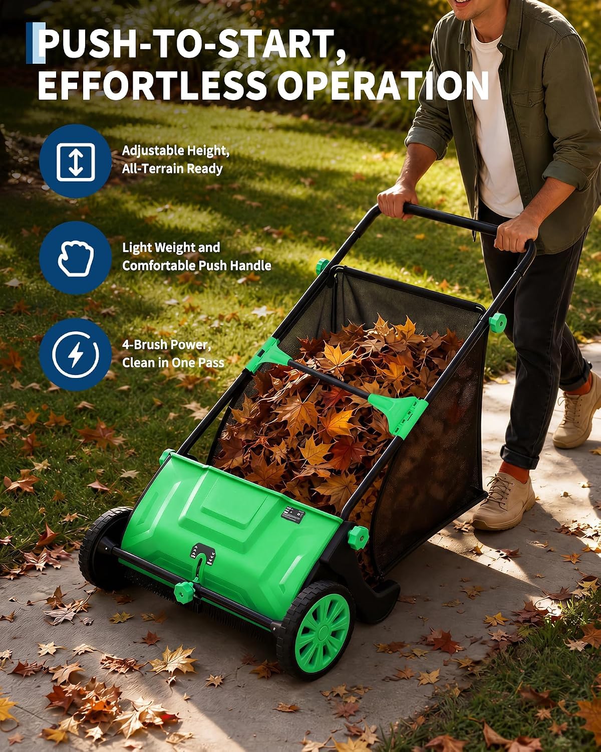 IDEALHOUSE Push Lawn Sweeper 26 Inch with Large 7 cu.ft. Hopper Bag