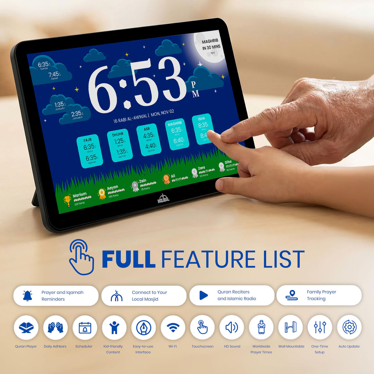 8" Smart WiFi Digital Azan Clock & Islamic Prayer Frame – Automatic Worldwide Prayer & Iqamah Times, Full Quran Player, Athan Alarm, Ramadan Clock, Touchscreen Muslim Home Display, Black