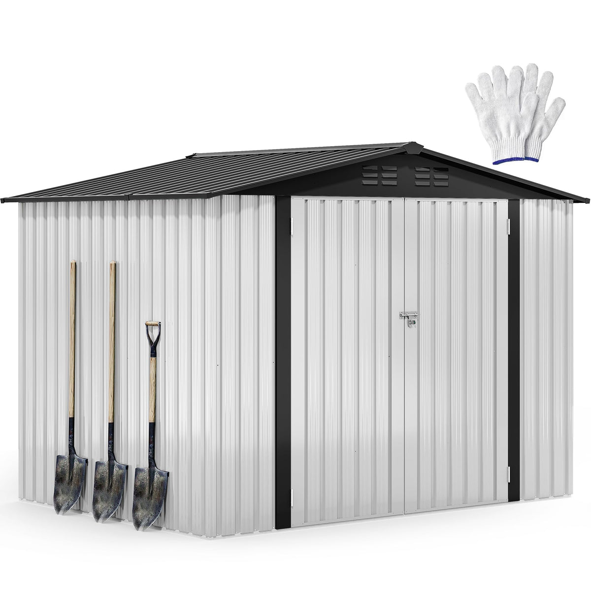DWVO 8x6 FT Outdoor Storage Shed, Metal with Lock & Window - Gray & White