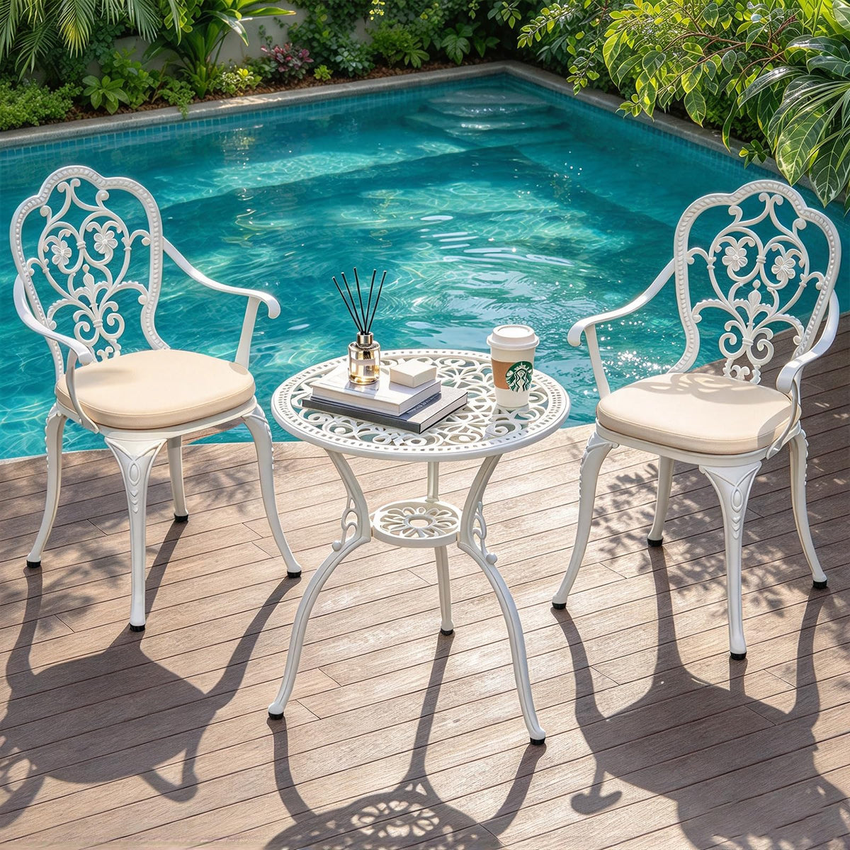 Patio Bistro Set of 2 w/Cushions and Umbrella Hole, White