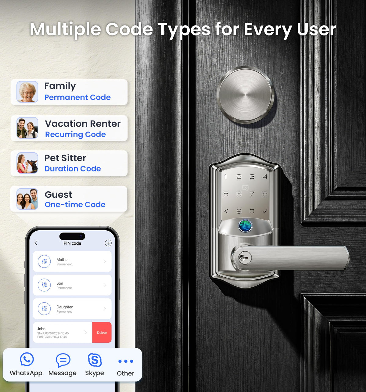 Veise VE029-E WiFi Smart Lever Lock with Non-Keyed Deadbolt, Satin Nickel