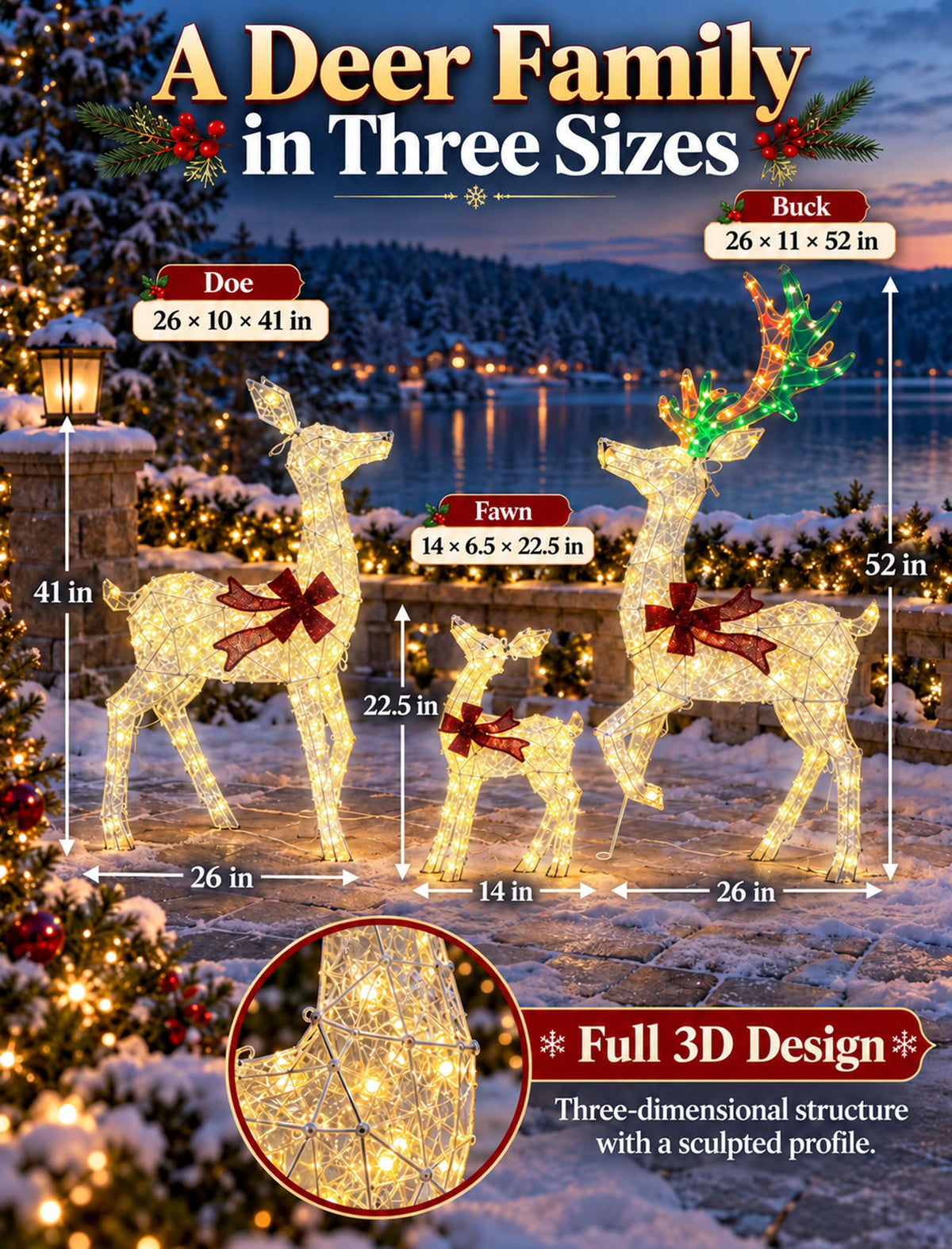 3D Lighted Reindeer Family, 3-Piece 265 LED Christmas Yard Display