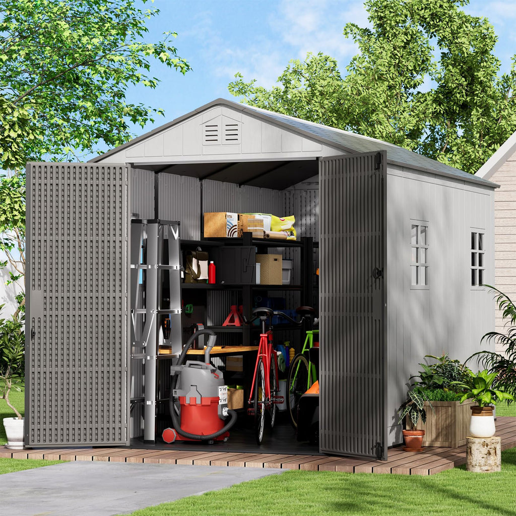 KINYING 6x4 FT Vertical Outdoor Storage Shed,Resin Clearance Outdoor Sheds with Floor,Garden Tool Shed for Lawn Mower/Bike Storage/Trash Cans/Pool Supplies,Lockable
