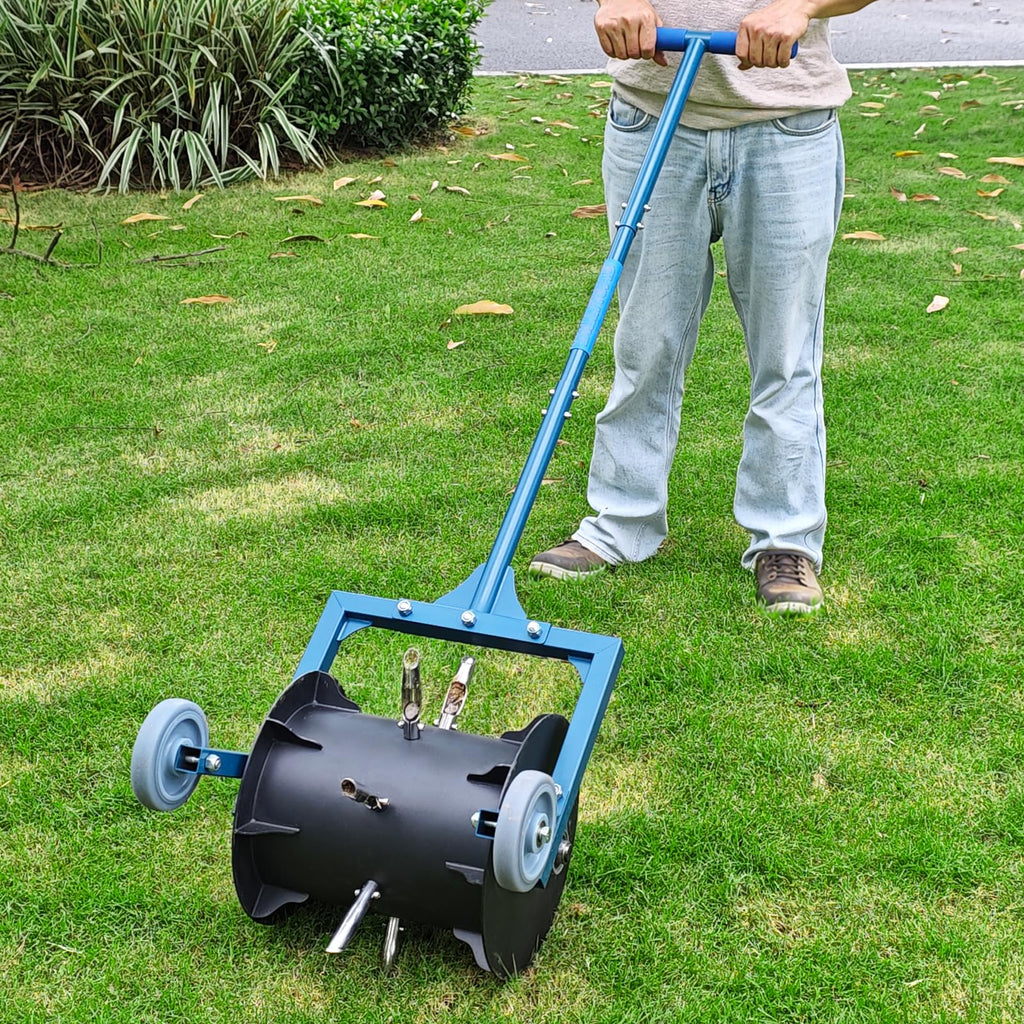 Rolling Lawn Aerator - Manual Push Roller, 7 Non-Clog Hollow Tines(Blue)