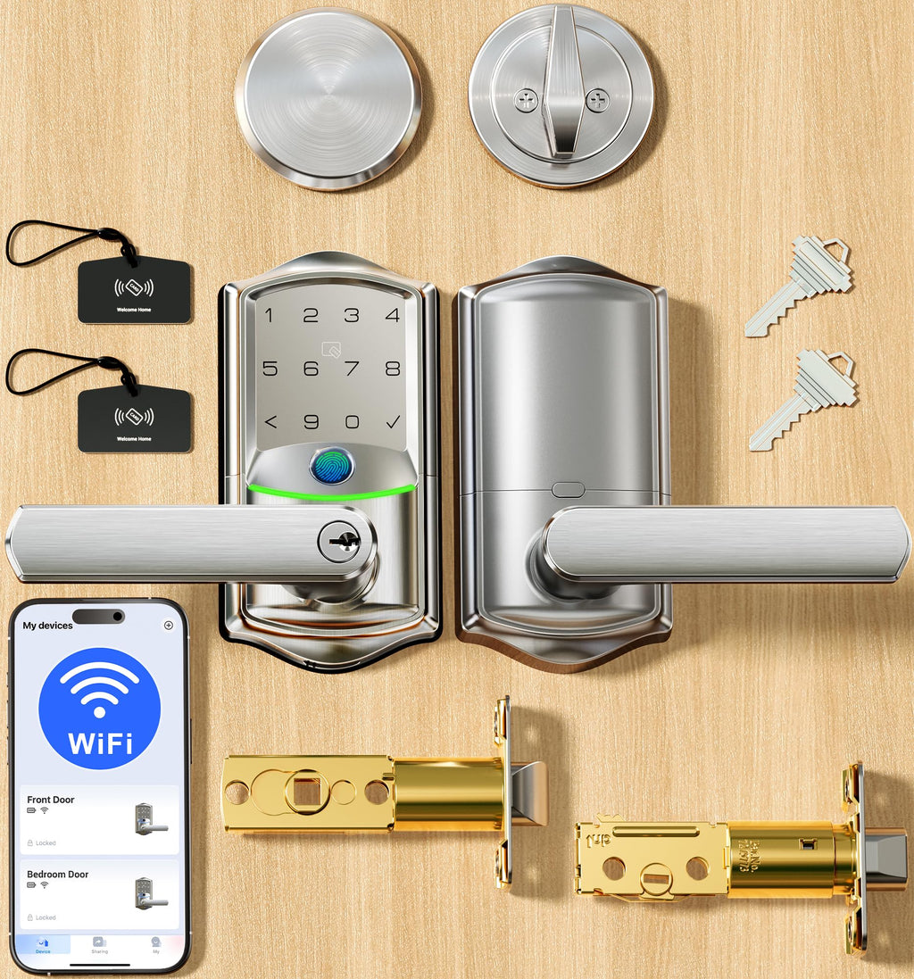 Veise VE029-E WiFi Smart Lever Lock with Non-Keyed Deadbolt, Satin Nickel