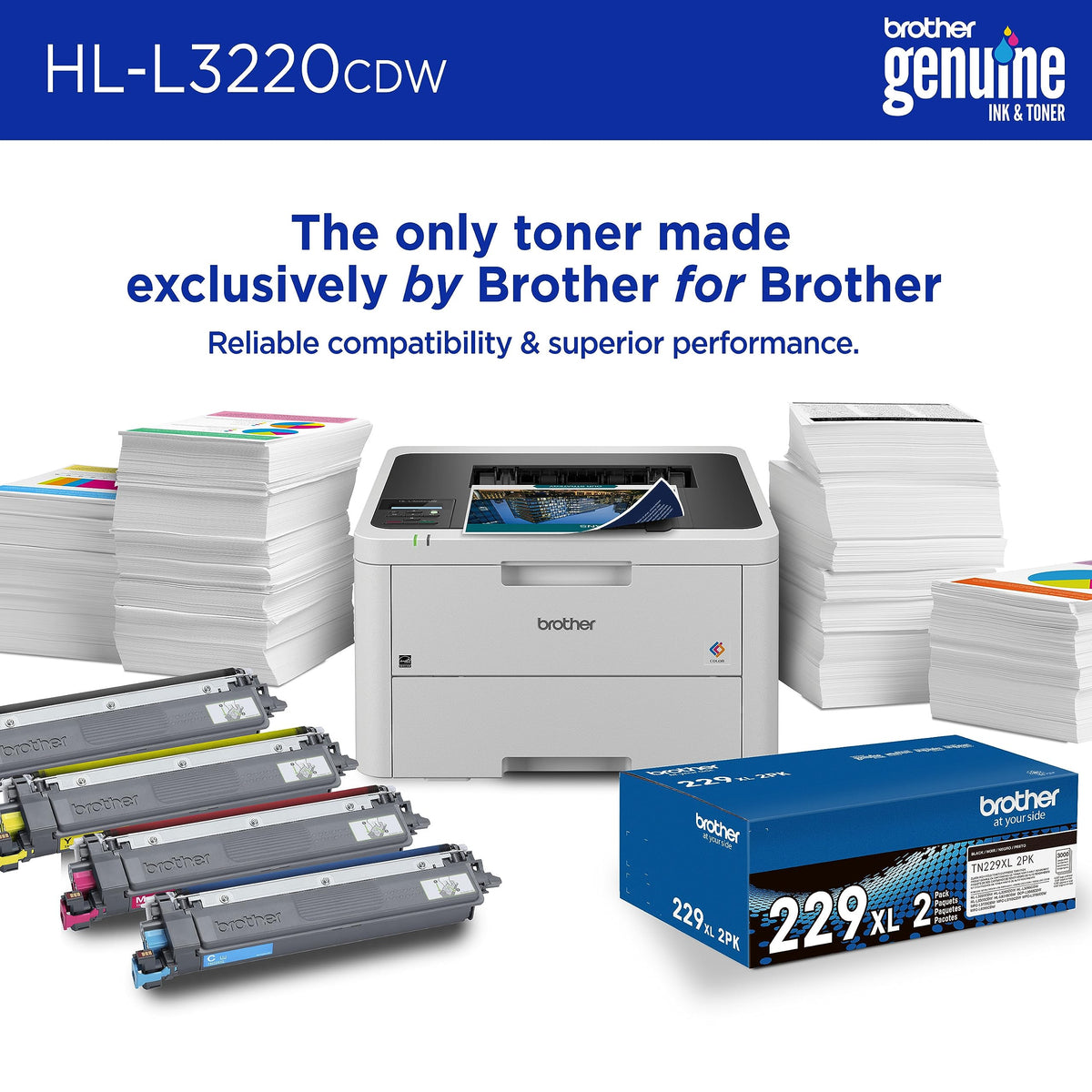 Brother Color Laser Printer with Wireless Printing Fast 19 PPM Output, Duplex Feature, Mobile Device Compatible, 250-Sheet Paper Tray for Professional Home Office Printing (HL-L3220CDW)