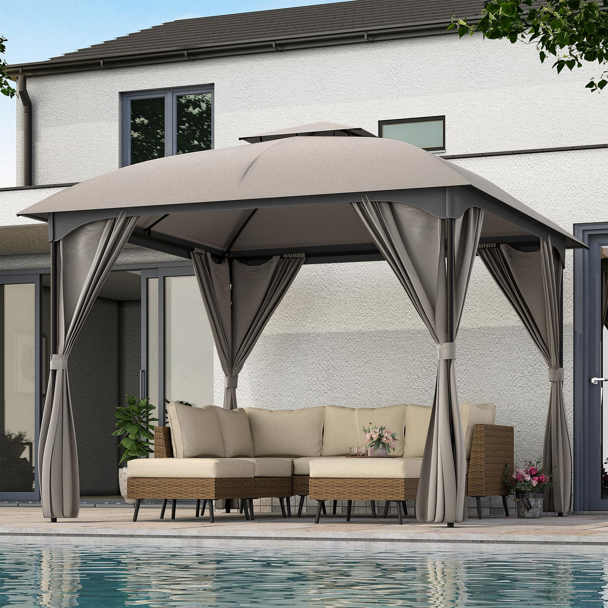 10x10 Arc Gazebo Canopy with Curtains & Double Roof