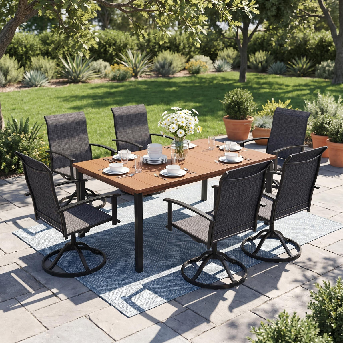 7 Pieces Patio Dining Set, Outdoor Furniture of 63" Rectangular Patio Table and Patio Swivel Chairs for Backyard Lawn Garden, Walnut Table and Black Chairs