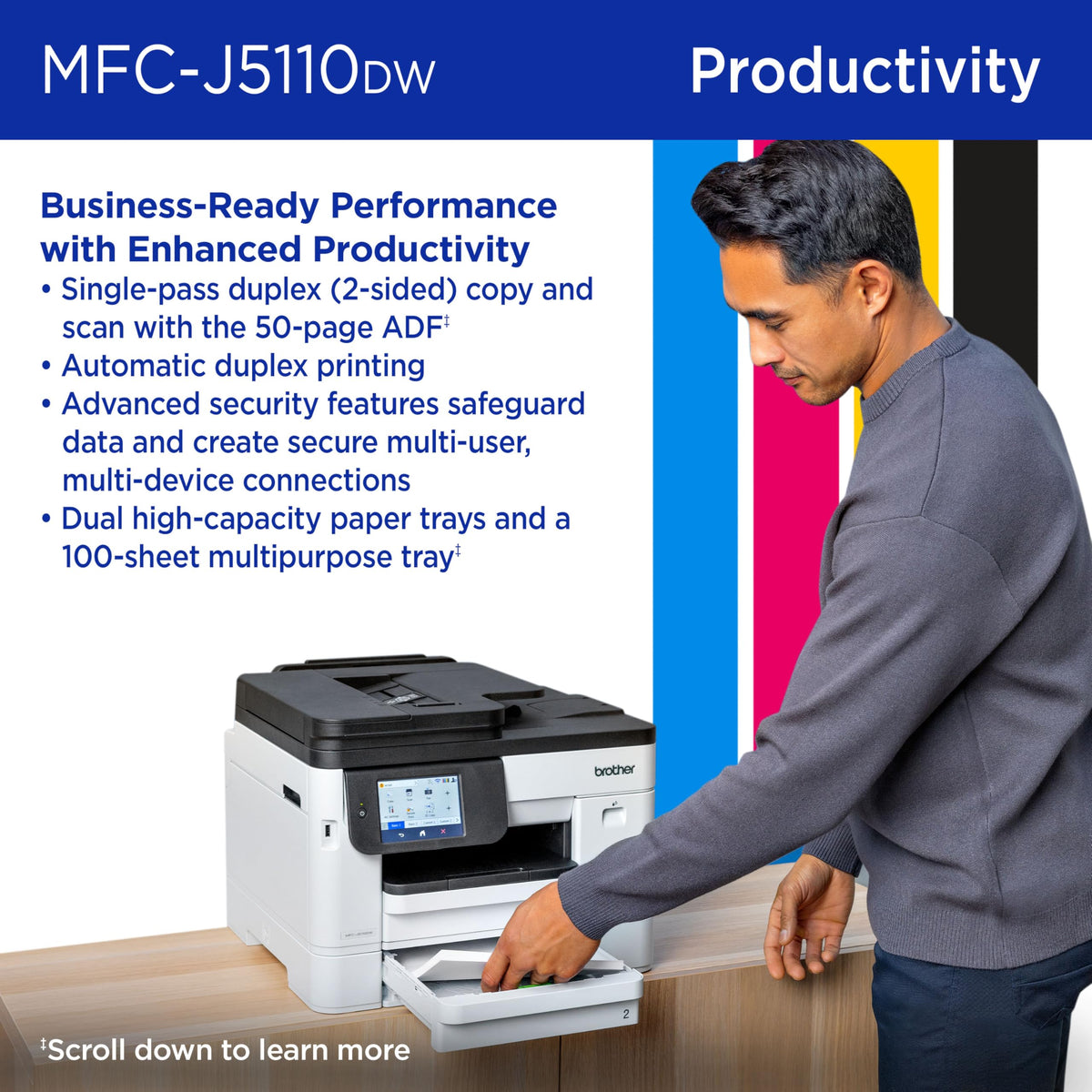 Brother INKvestment 5110 Wireless Color Inkjet All-in-One Printer with a 500-sheet Paper Tray Capacity and a 4.3” Color Touchscreen (MFCJ5110DW)