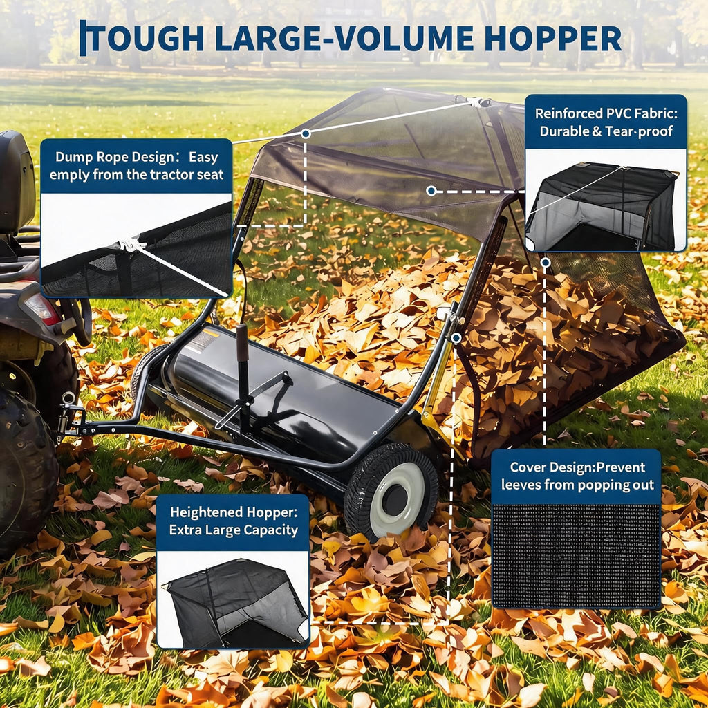 48-Inch Lawn Sweeper Tow Behind, Leaf & Grass Collector Yard Sweeper