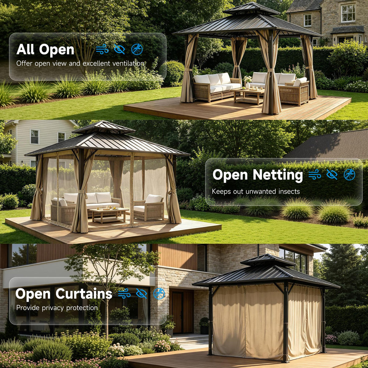 12x12FT Hardtop Gazebo with Galvanized Steel Roof, Heavy Duty Aluminum Double Vented Roof Outdoor Patio Gazebo with Netting & Curtains, Weather Resistant for Backyard Deck Garden Lawn, Khaki