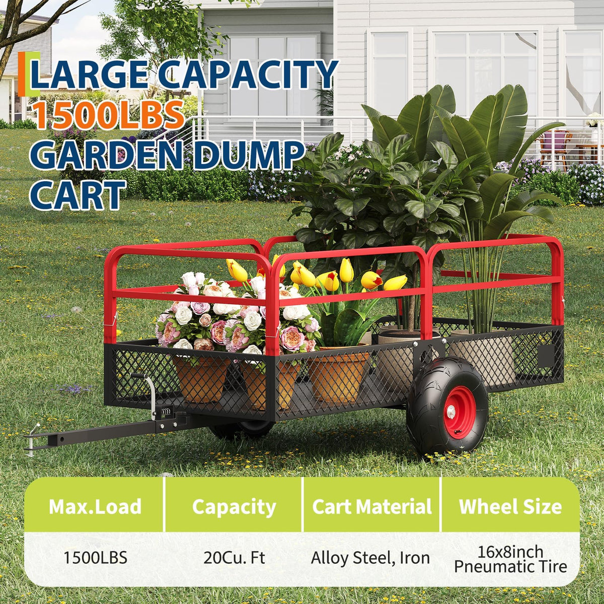 Garvee Tow Behind Dump Trailer for ATV UTV 1500 lbs 20 Cubic Feet