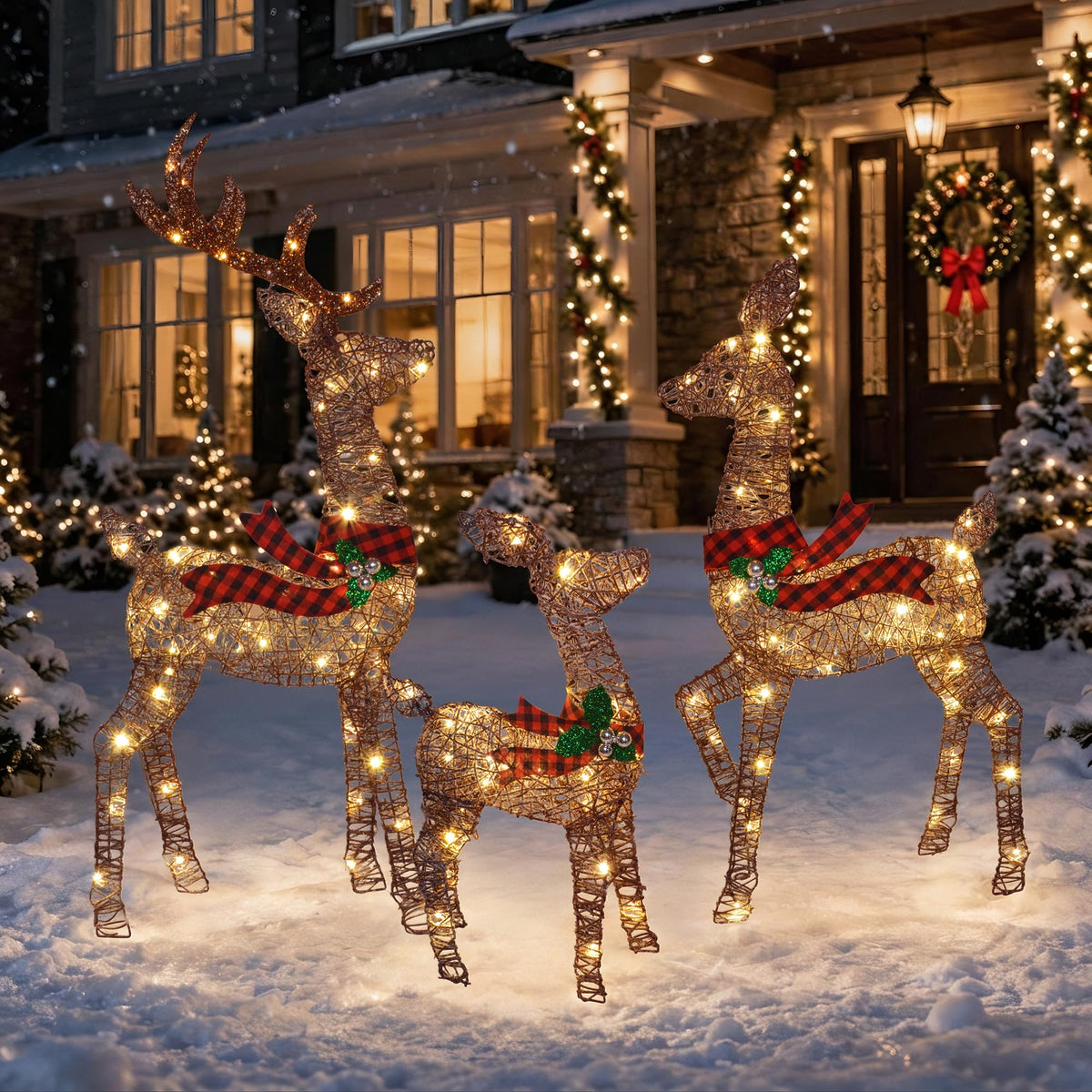 3-Piece 3D Lighted Christmas Deer Family Set, 146 Warm White LED Reindeer Decorations Outdoor, 52" Large Gold Christmas Yard Decorations with Stakes, Waterproof Holiday Lawn Decor for Garden Porch