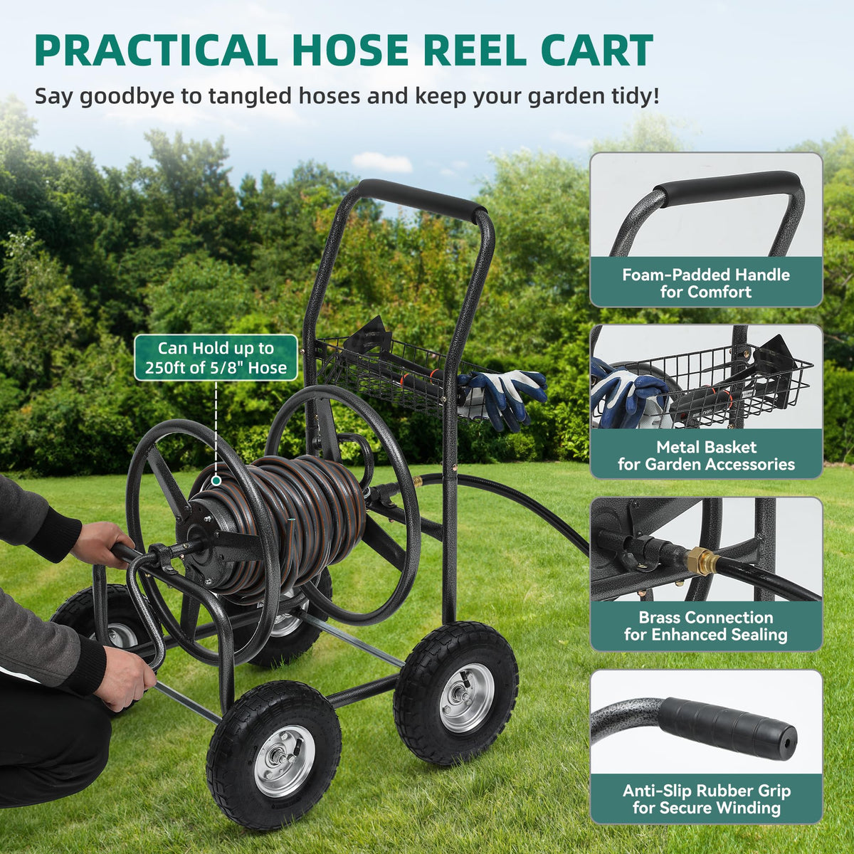250ft Heavy Duty Hose Reel Cart with 4 Wheels, 5/8" Hose Capacity