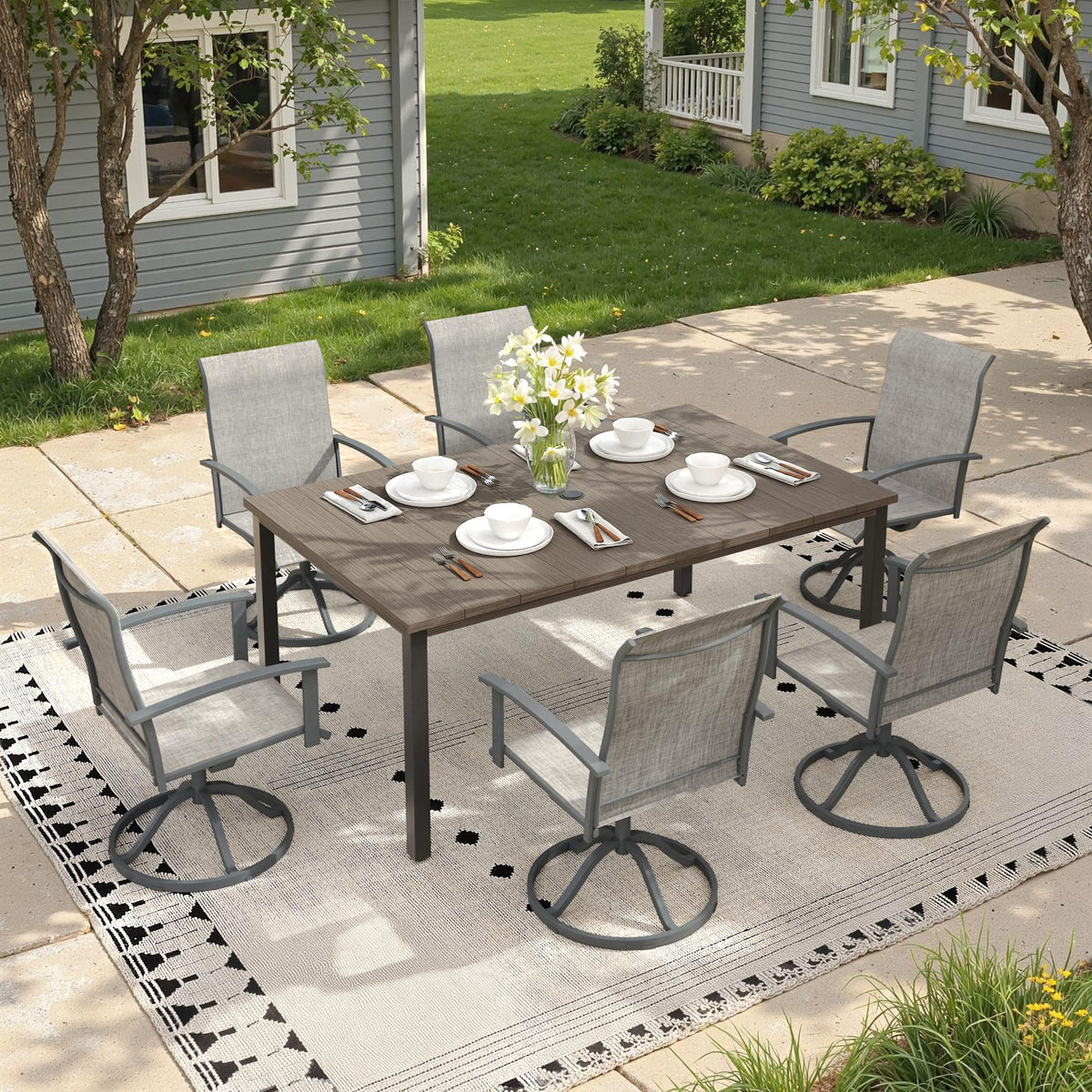 7 Pieces Patio Dining Set, Outdoor Furniture of 63" Rectangular Patio Table and Patio Swivel Chairs for Backyard Lawn Garden, Walnut Table and Black Chairs