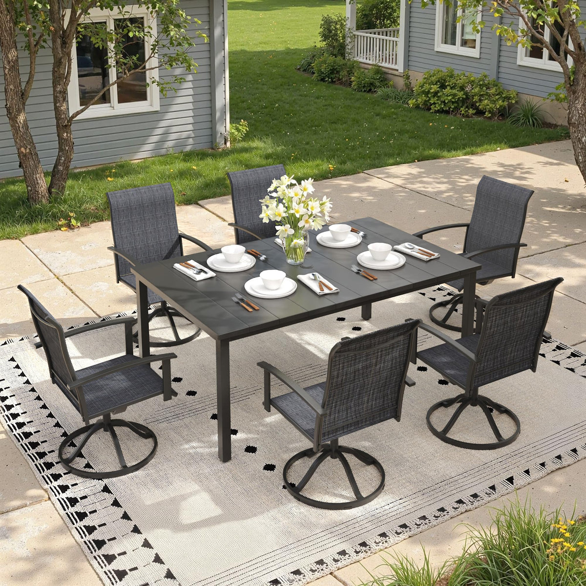 7 Pieces Patio Dining Set, Outdoor Furniture of 63" Rectangular Patio Table and Patio Swivel Chairs for Backyard Lawn Garden, Walnut Table and Black Chairs