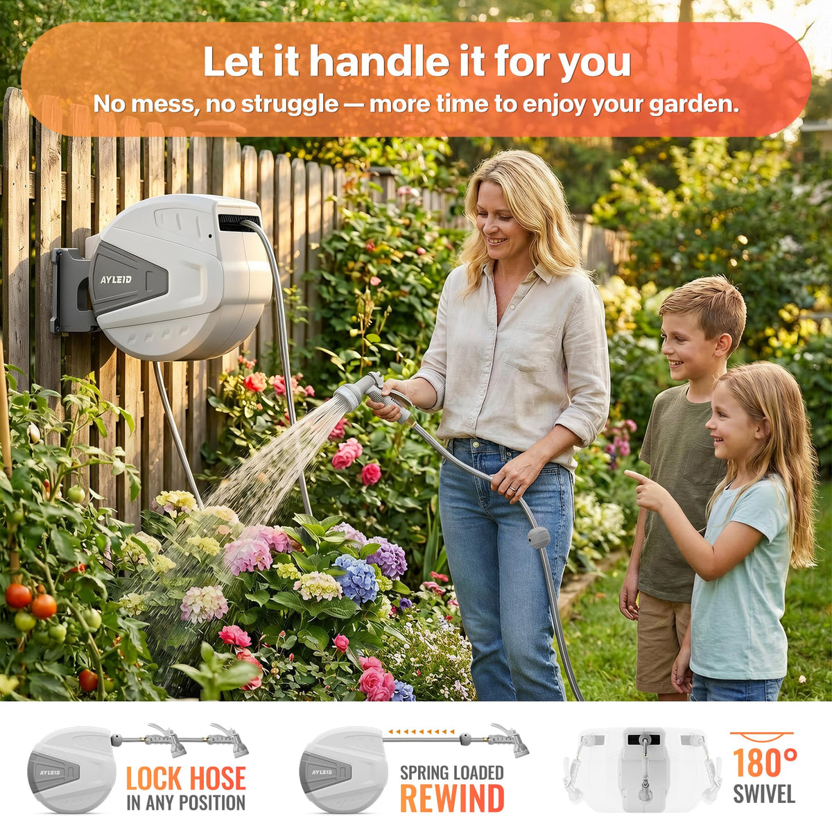 Retractable Rubber Hybrid Garden Hose Reel, 1/2"x130ft Wall Mount