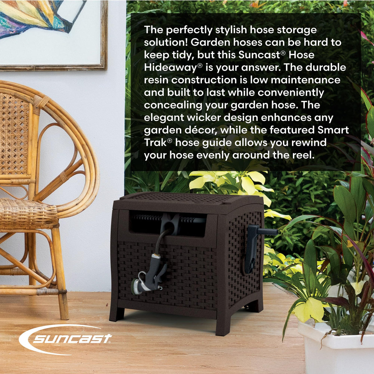 Suncast 225 ft. Smart Tube Hose Reel Hideaway, Garden Hose Holder, Brown