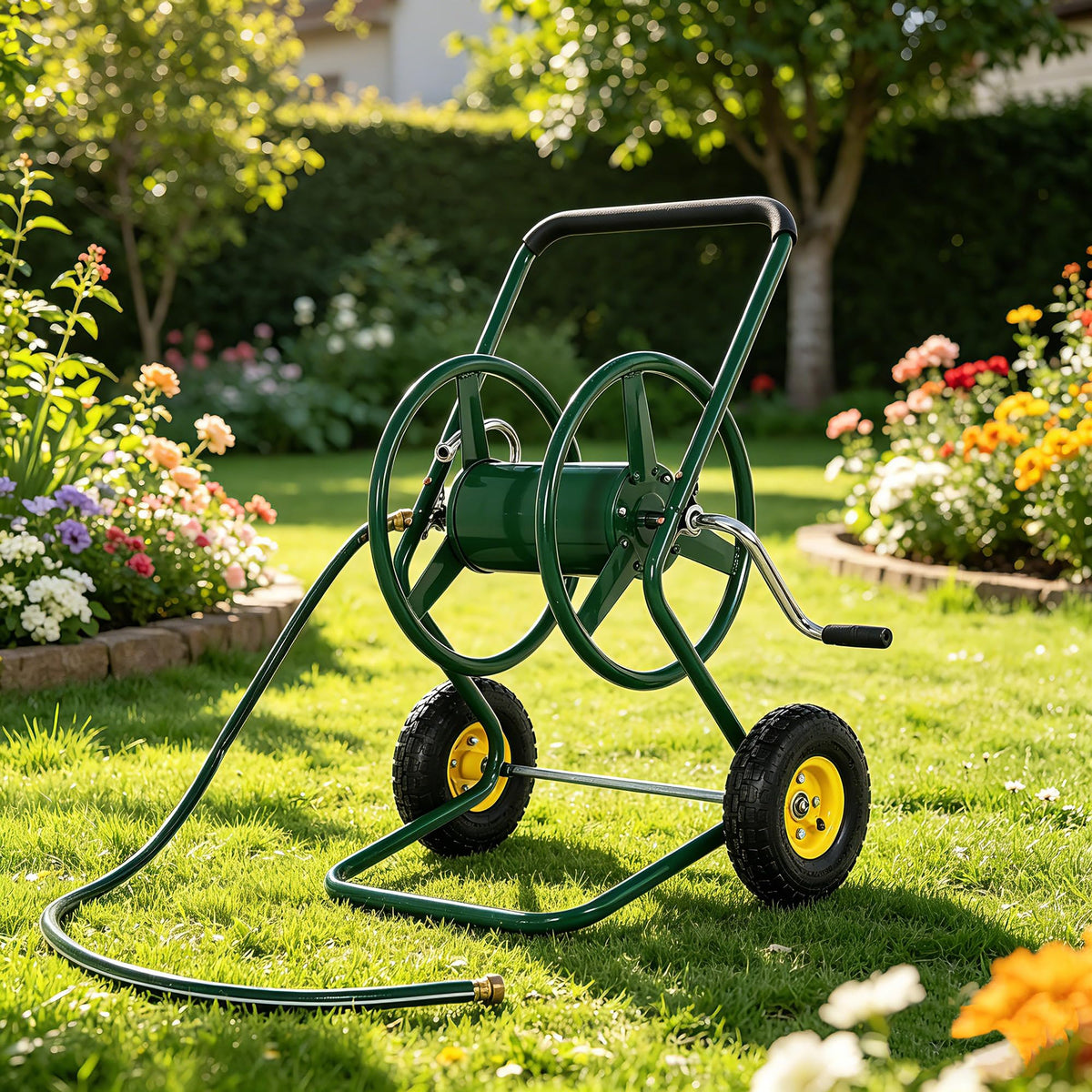 250ft Heavy Duty Hose Reel Cart with 4 Wheels, 5/8" Hose Capacity