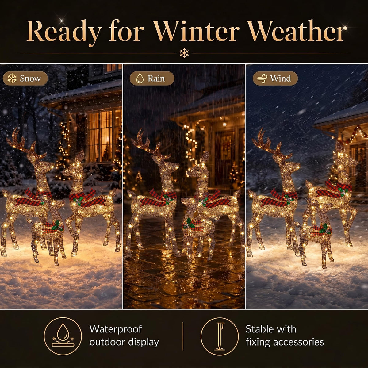 3-Piece 3D Lighted Christmas Deer Family Set, 146 Warm White LED Reindeer Decorations Outdoor, 52" Large Gold Christmas Yard Decorations with Stakes, Waterproof Holiday Lawn Decor for Garden Porch