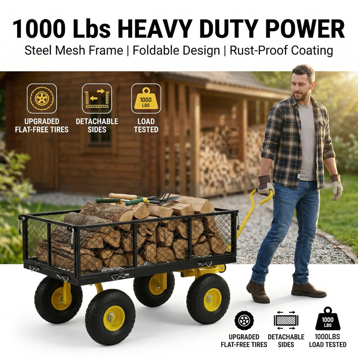 Finnhomy Heavy Duty 1000 Lbs Capacity Mesh Steel Garden Cart, Pullable Garden Wagons Carts on Wheels, Folding Utility Wagon with Removable Sides for Outdoor, Yard, Lawn, Yellow