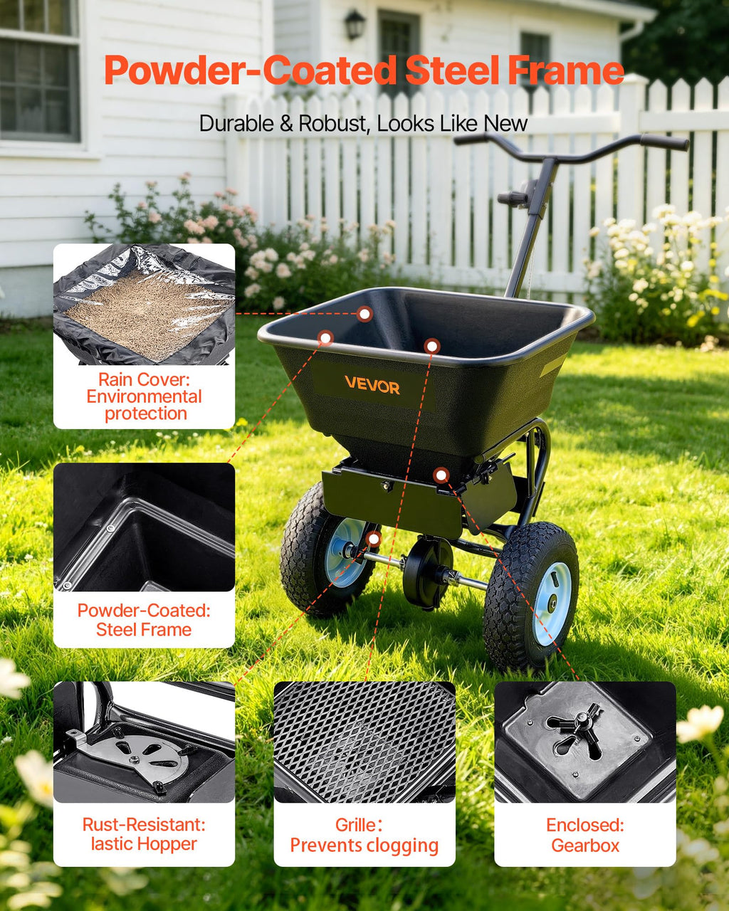 VEVOR Broadcast Spreader 130 lbs Capacity Hopper Walk-Behind Push Spreader | for Lawn & Garden Care, 12 ft Spreading Width, 13" All-Terrain Tires, Adjustable Flow Control for Fertilizer Seed Ice Melt