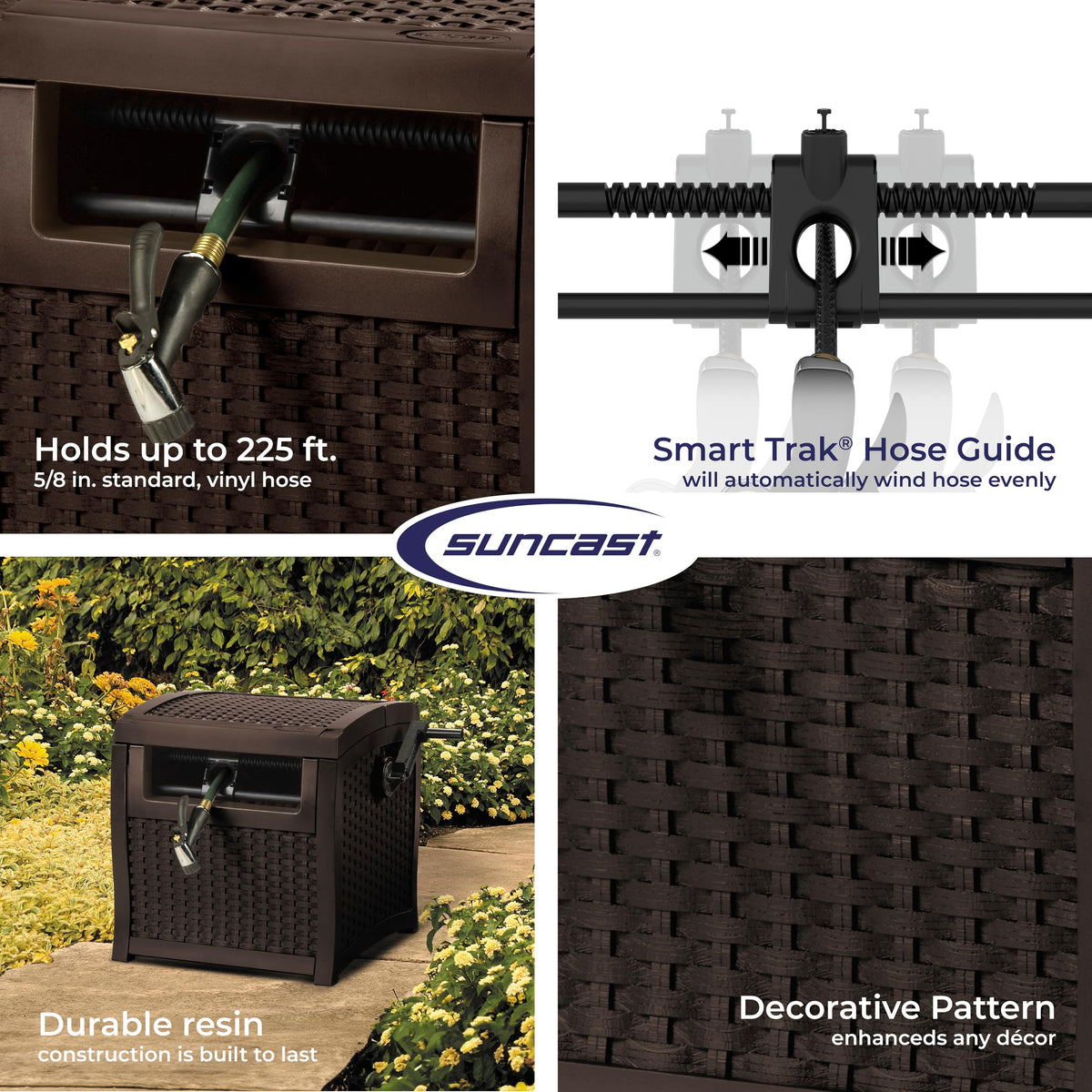 Suncast 225 ft. Smart Tube Hose Reel Hideaway, Garden Hose Holder, Brown