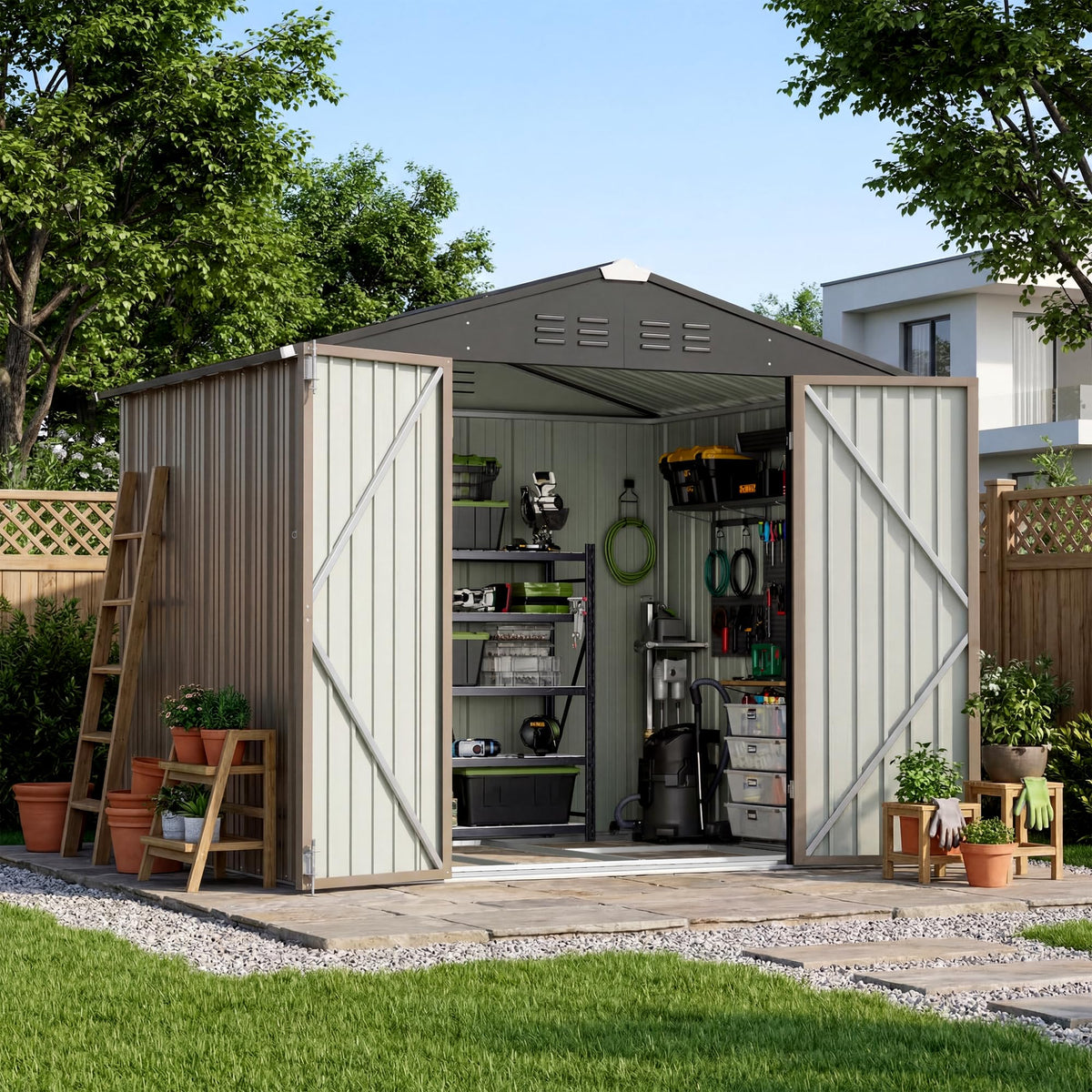 Devoko 10x8 FT Outdoor Storage Shed, Brown