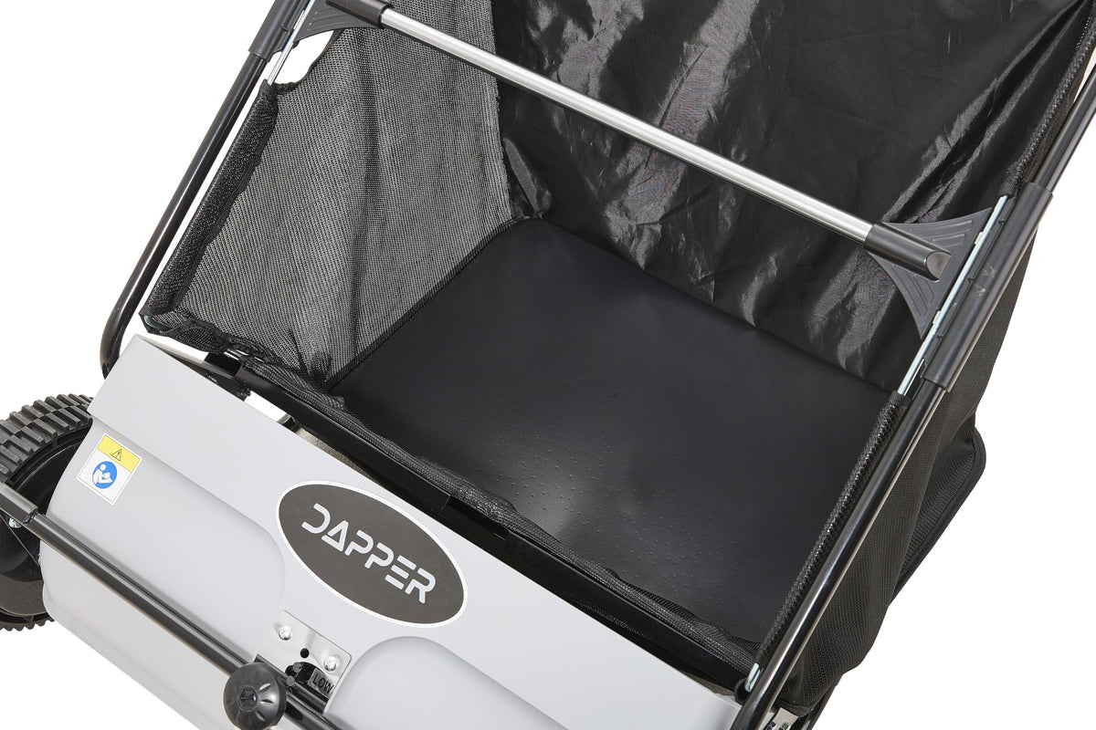 Dapper Supply 26-Inch Push Lawn Sweeper, Grass, Lawn and Leaf Cleanup Collector with Large 7 cu. ft. Hopper Bag, and Dual Spinning Brushes, Grey