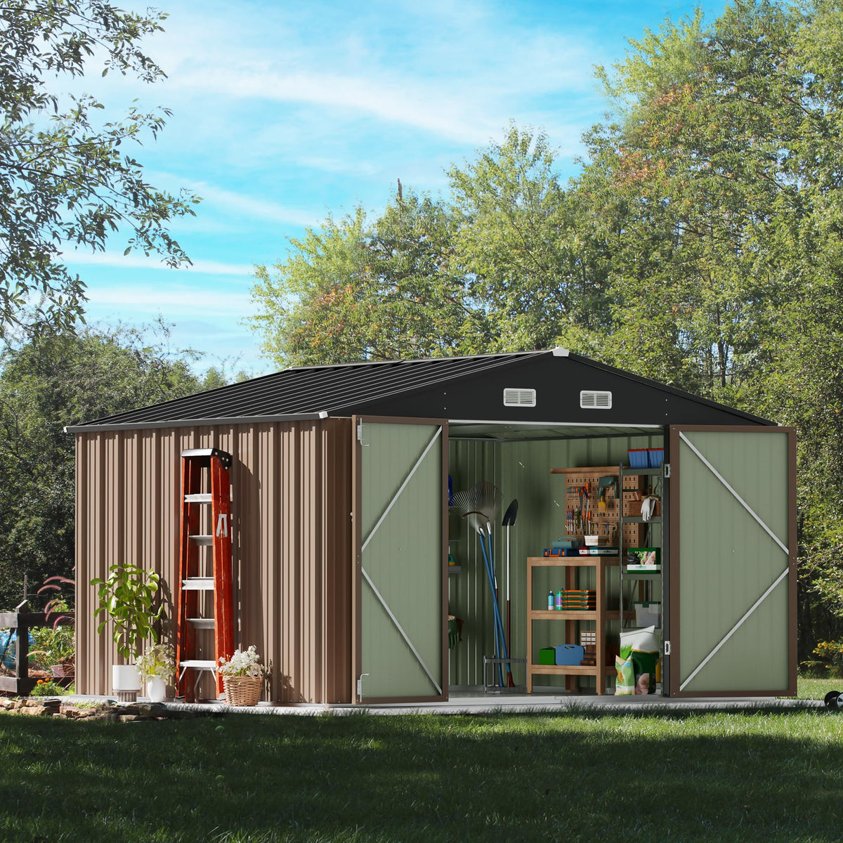 Devoko 10x8 FT Outdoor Storage Shed, Brown