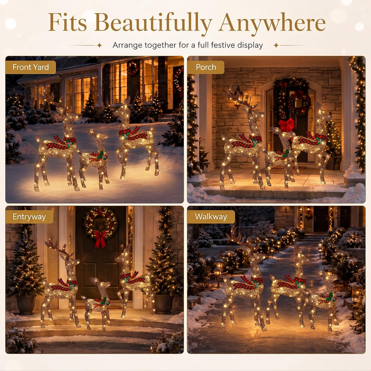 3-Piece 3D Lighted Christmas Deer Family Set, 146 Warm White LED Reindeer Decorations Outdoor, 52" Large Gold Christmas Yard Decorations with Stakes, Waterproof Holiday Lawn Decor for Garden Porch