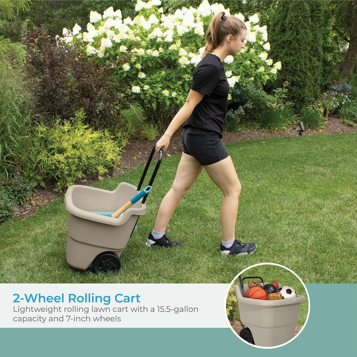 Suncast 2-Pack Multipurpose Rolling Lawn and Garden Utility Cart, 15 Gallon, Taupe - Outdoor Storage Carts with Wheels - Gardening Accessories, Tools, and Equipment