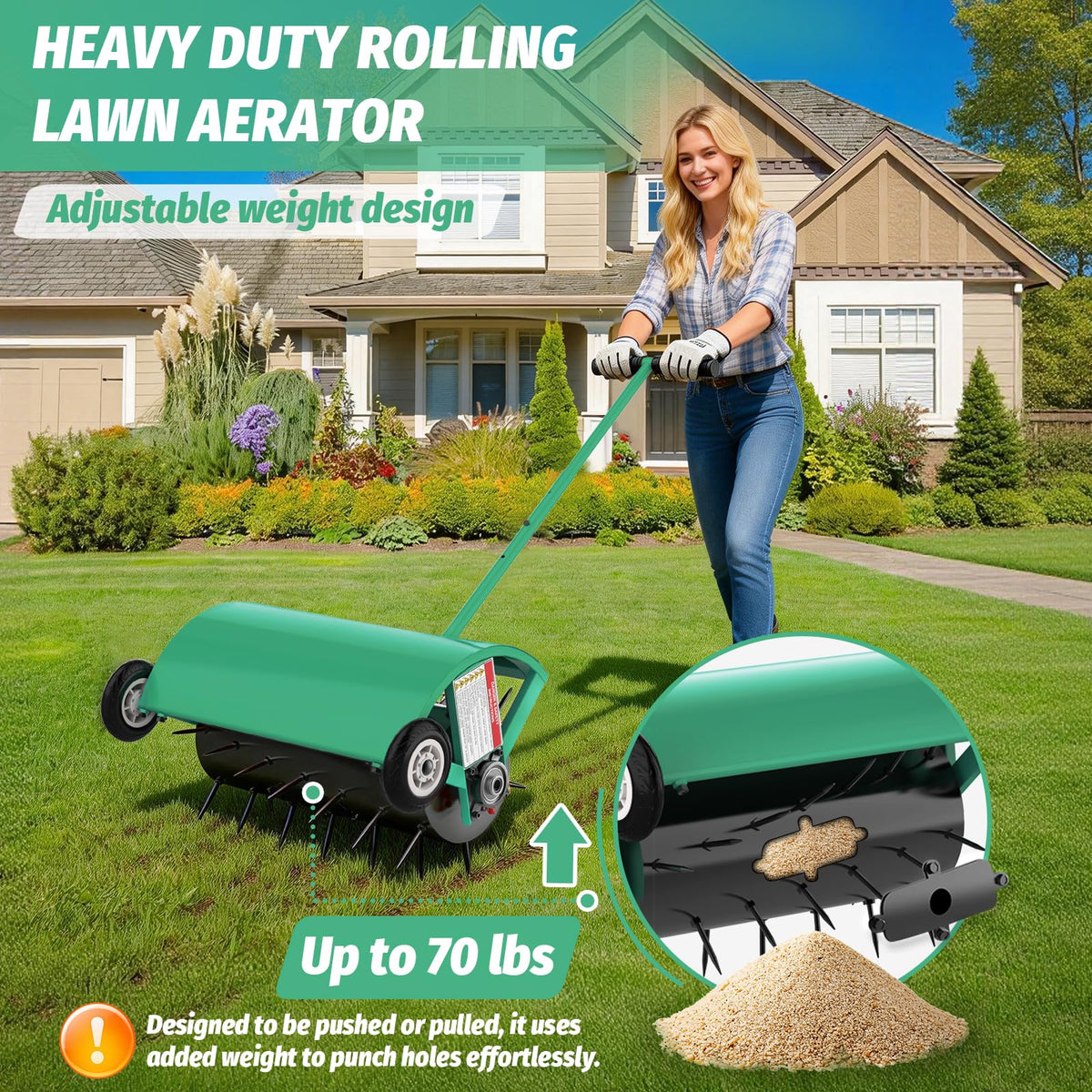 24 Inch Rolling Lawn Aerator, Heavy Duty Manual Aerator Tool, Up to 70 lbs, Push Spike Aeration Tool with 42 Spikes, Suitable for Lawns, Garden, and Yard Grass Aeration [Green]