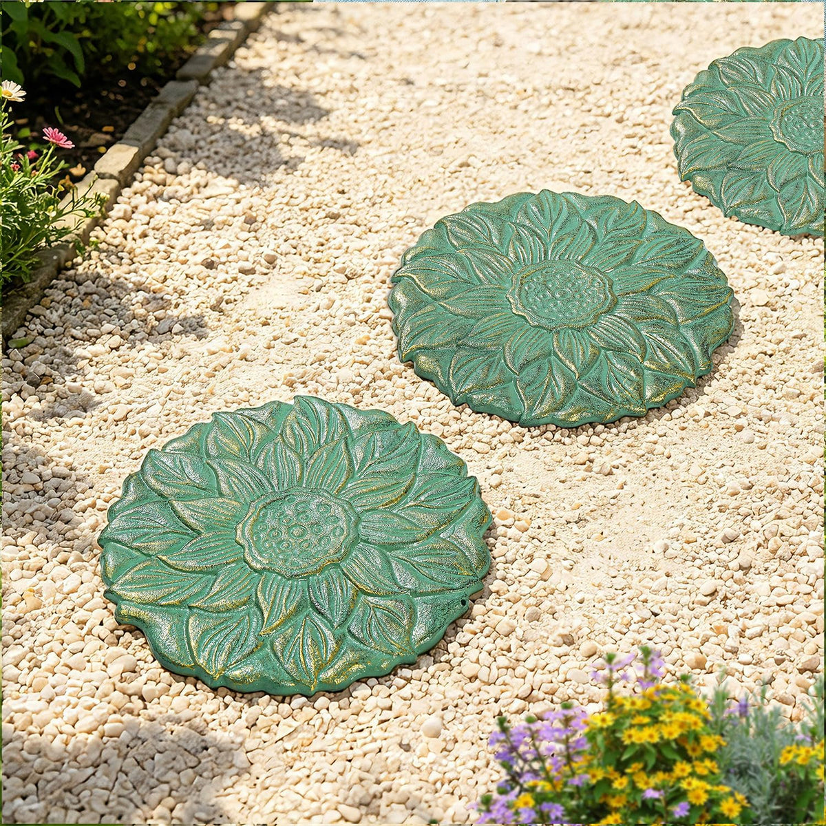 Sungmor Decorative Cast Iron Lotus Stepping Stones,Set of 3 & Green Finish