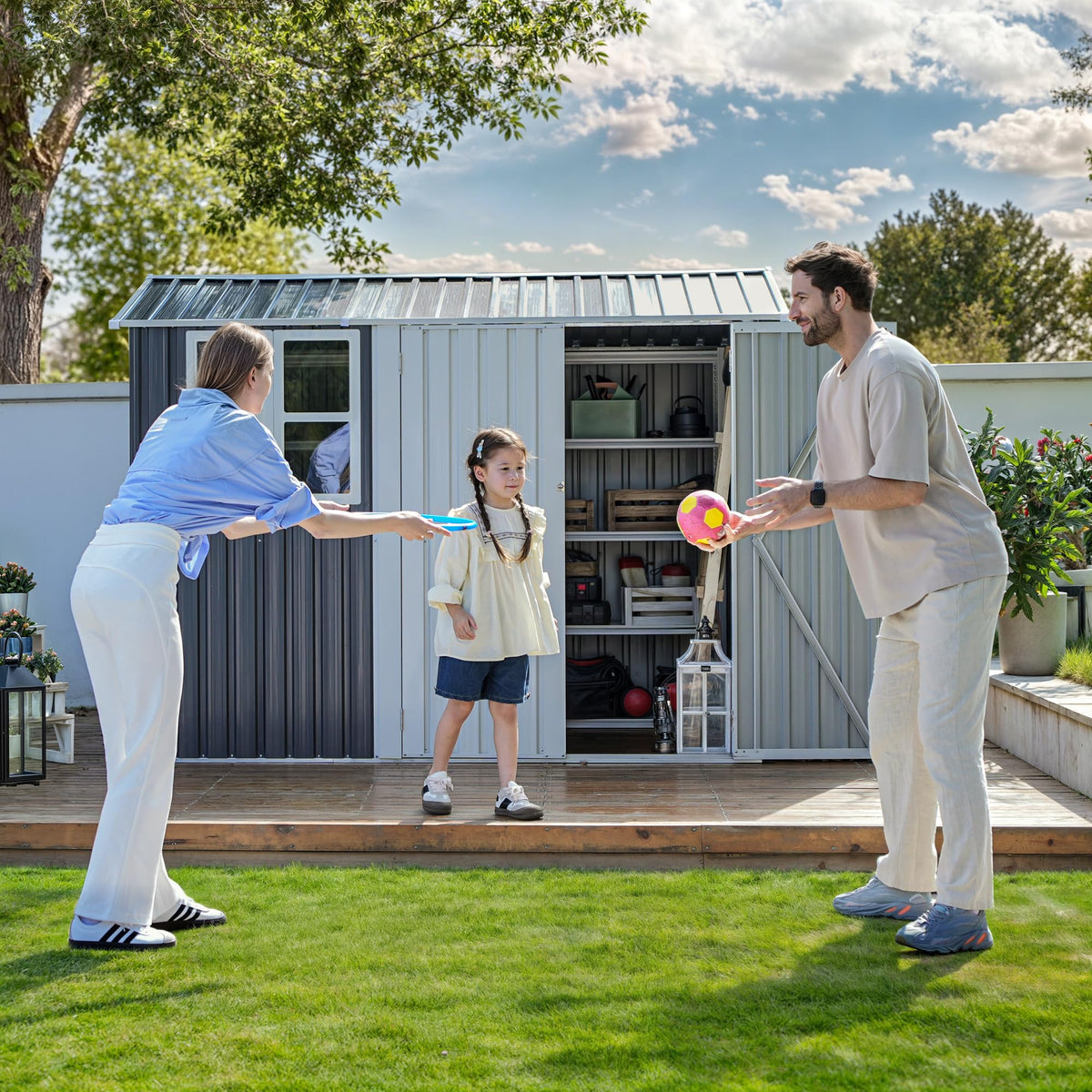 DWVO 8x6 FT Outdoor Storage Shed, Metal with Lock & Window - Gray & White