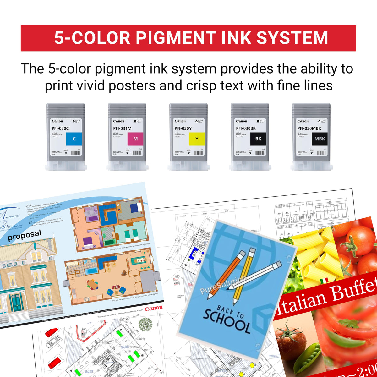 Canon imagePROGRAF TM-340 36" - Large Format 5 Color Poster & Plotter Printer with Media Detection, Color Calibration, Printer Stand/Catch Basket, 300 ml of Ink, and 2-Year Warranty
