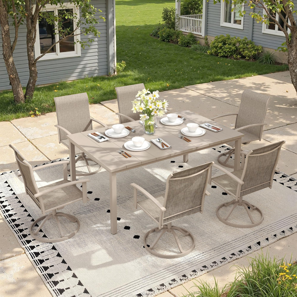 7 Pieces Patio Dining Set, Outdoor Furniture of 63" Rectangular Patio Table and Patio Swivel Chairs for Backyard Lawn Garden, Walnut Table and Black Chairs